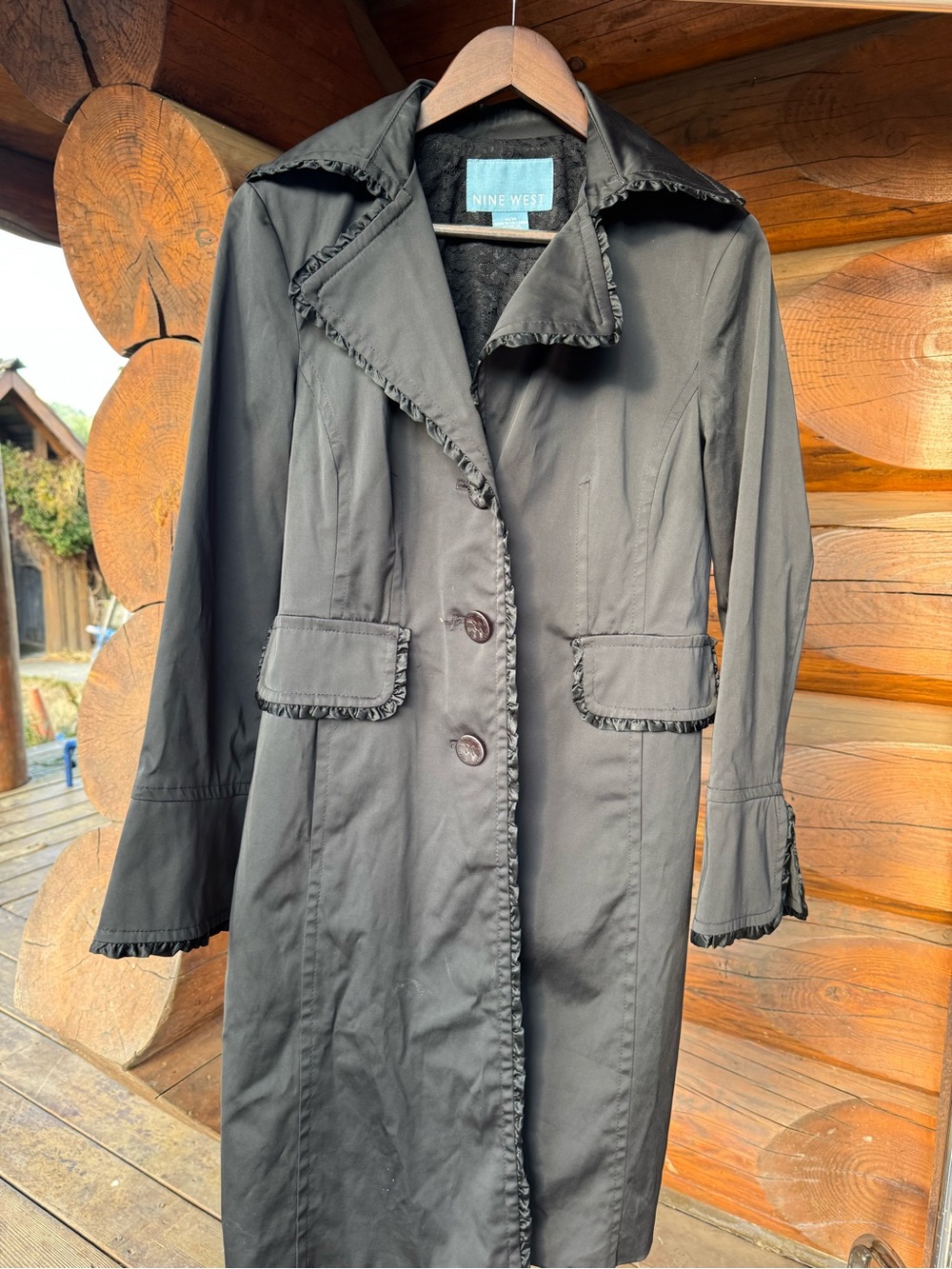 Nine West Black Ruffled Trim Trench Coat